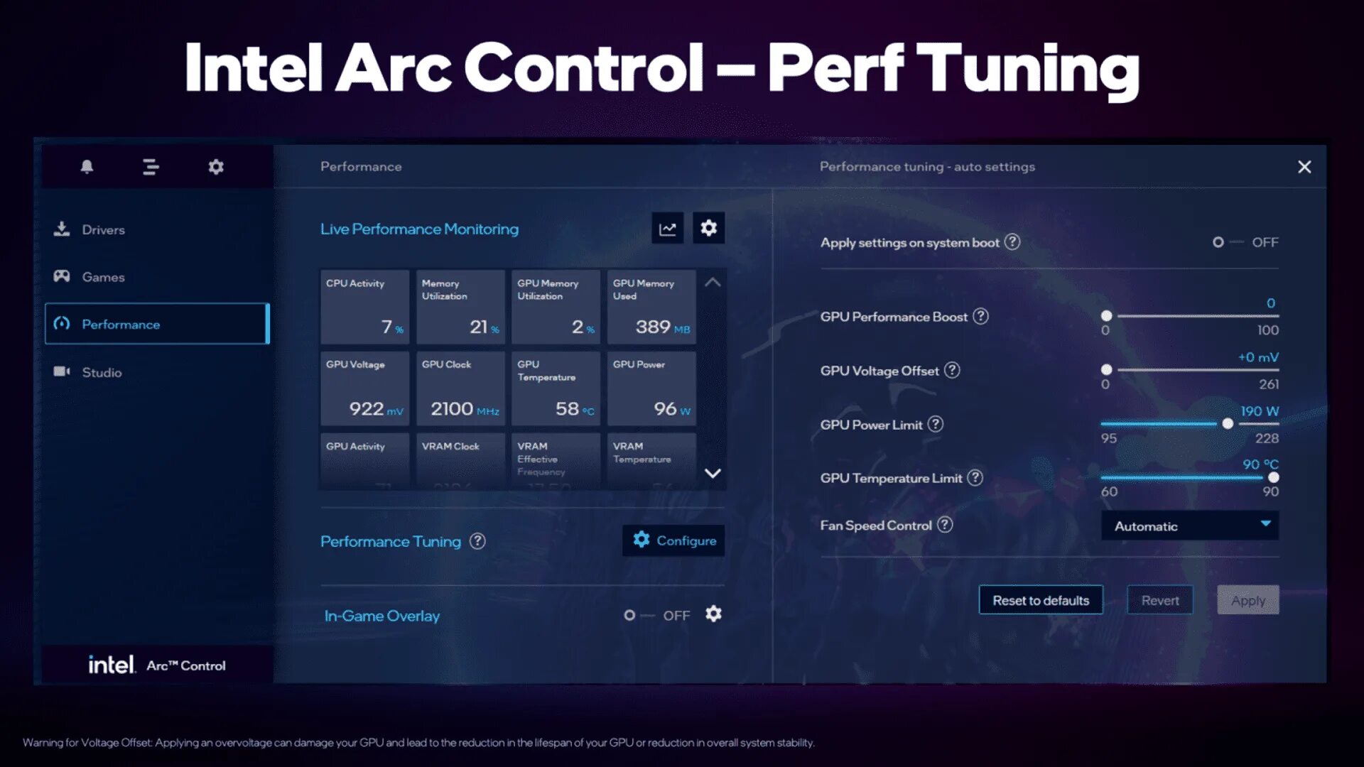 Intel default settings. Intel arc a770. intel arc a770 limited edition. intel® arc™ a750. intel arc control.