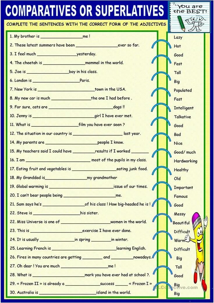 These are difficult sentences. Comparatives and Superlatives задания. Comparatives and Superlatives упражнения. Степени сравнения прилагательных Worksheets. Superlative adjectives упражнения.