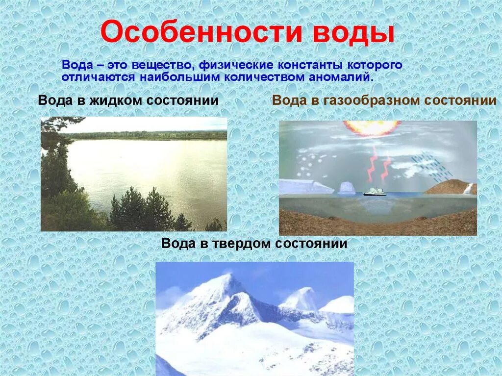 Назовите особенности воды. Особенности воды. Особенности водных. Главная особенность воды. Физическое состояние воды.