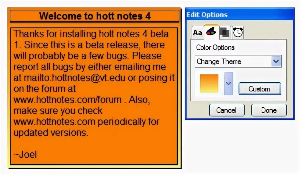Hott Notes. Edit options
