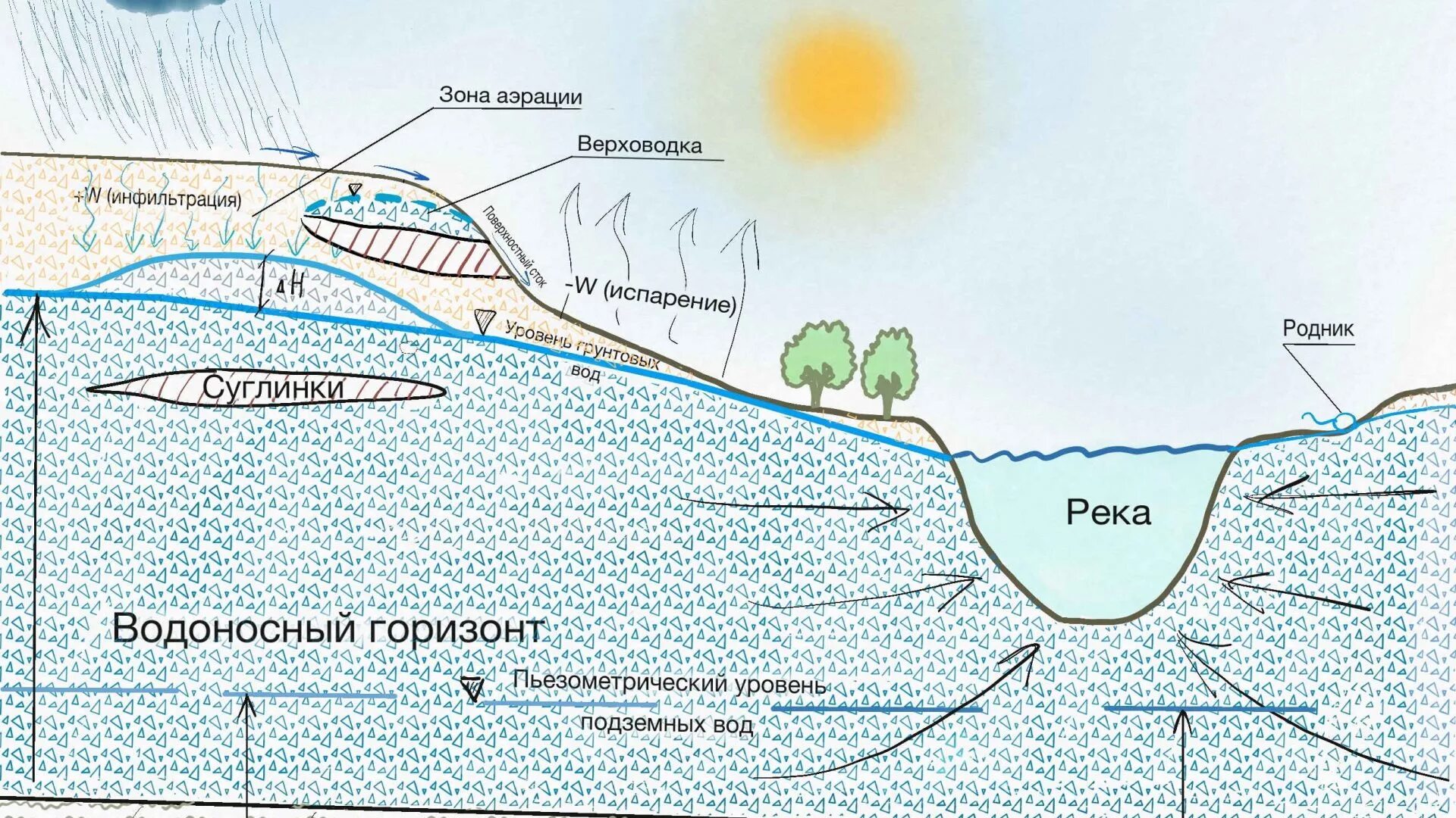 Родник на какой глубине. Грунтовые воды и водоносный Горизонт. Подземные воды зоны аэрации схема. Зона аэрации подземных вод это. Водоносный Горизонт грунтовые воды слоя.