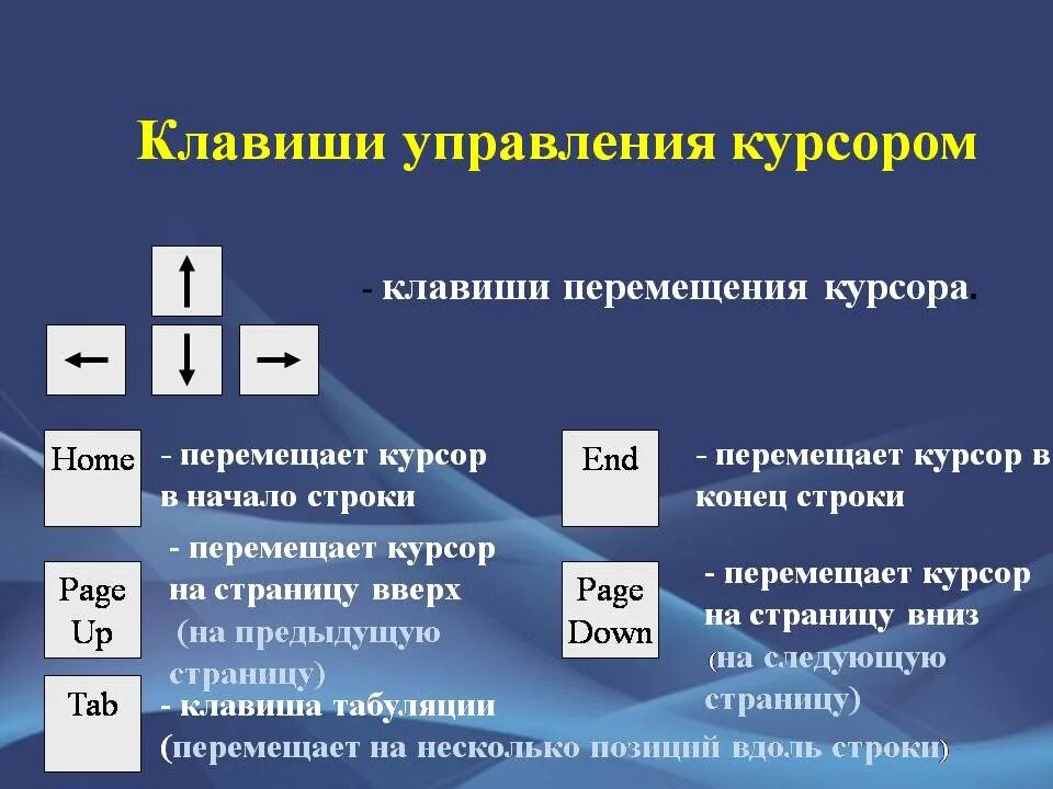 Для перемещения на одну экранную страницу. Клавиш управления курсором. клавиши перемещения курсора. клавиша управления курсором. клавишами управления курсором.