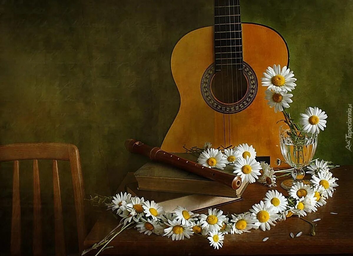 Музыка гитары для души слушать. Гитара цветы. Гитара на природе. Открытка гитара с цветами. Натюрморт с гитарой.