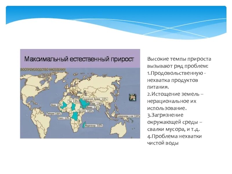 Какие проблемы вызывают высокие темпы прироста населения?. Проблемы вызванные высокими темпами прироста населения. Высокие темпы прироста населения вызывают целый ряд проблем. Страны с максимальным приростом