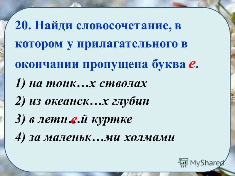Прилагательное на конце 3 буквы е. Прилагательное на букву е. О-ё после шипящих в окончаниях прилагательных. Слова с ё после шипящих в суффиксах. Словосочетания с пропущенными окончаниями прилагательных.