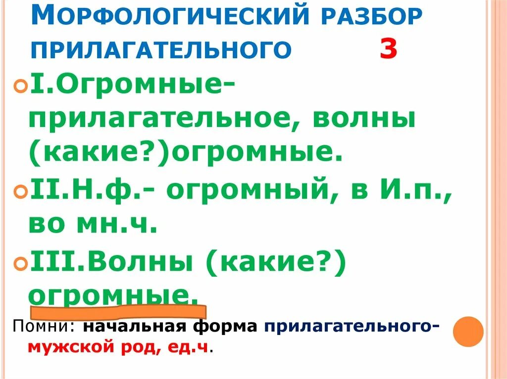 Разбор слова под 3 прилагательное. План морфологического разбора прилагательного 10 класс. Схема морфологического разбора прилагательного. Морфологический разбор имени прилагательного 4 класс памятка. Цифра 3 морфологический разбор прилагательного.