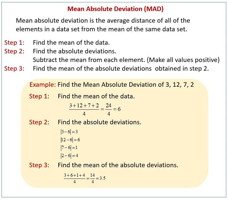 Mean deviation. Mean absolute deviation. Median absolute deviation. Standard absolute deviation. Mean absolute deviation Formula.