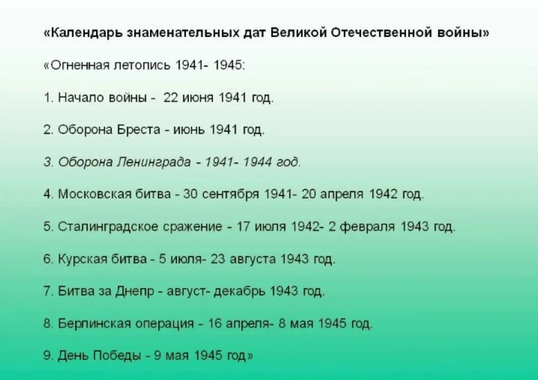 5 дат великой отечественной войны