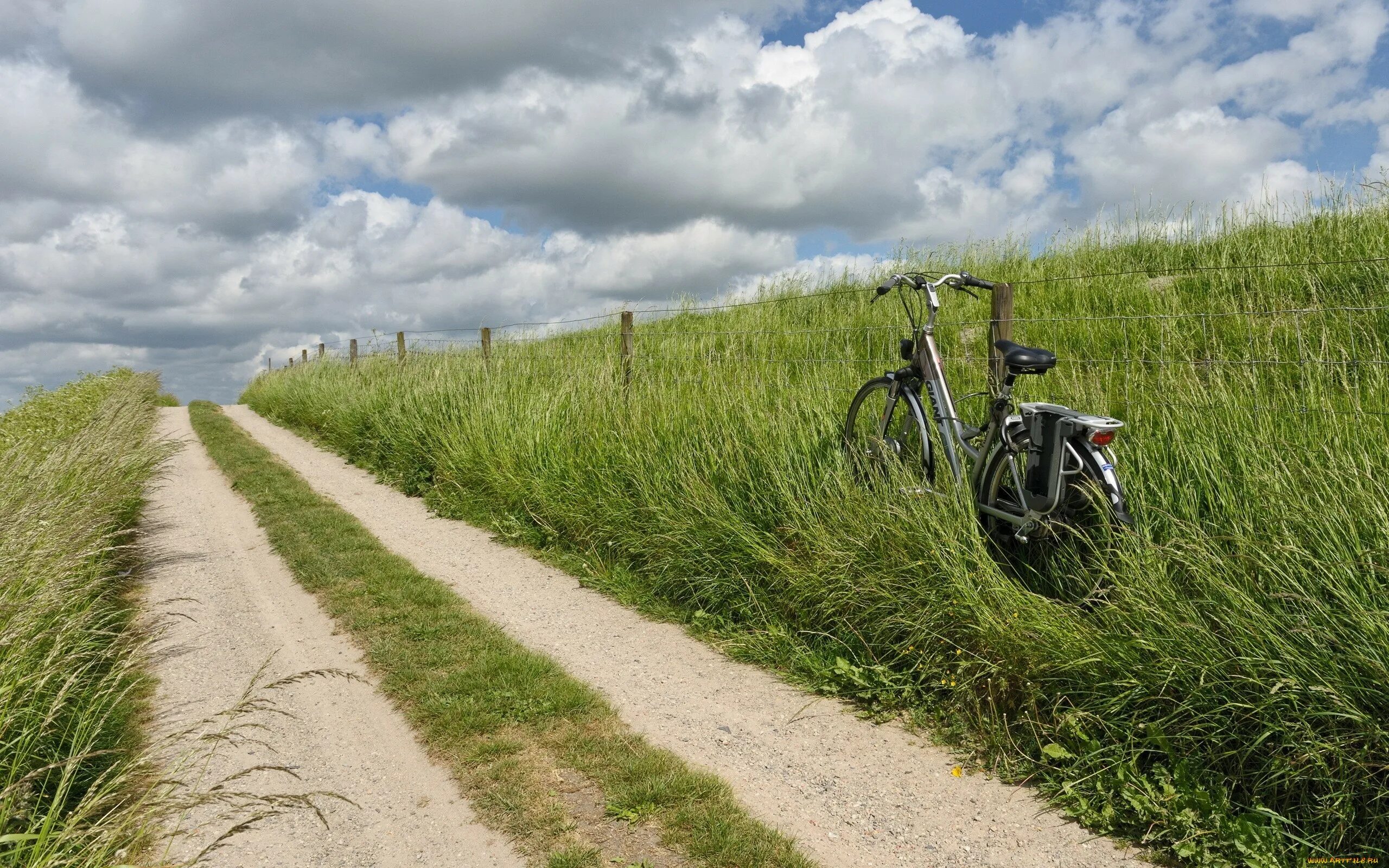 Проселочная дорога. Велосипед на траве. Сельская дорога. Велосипед в поле.
