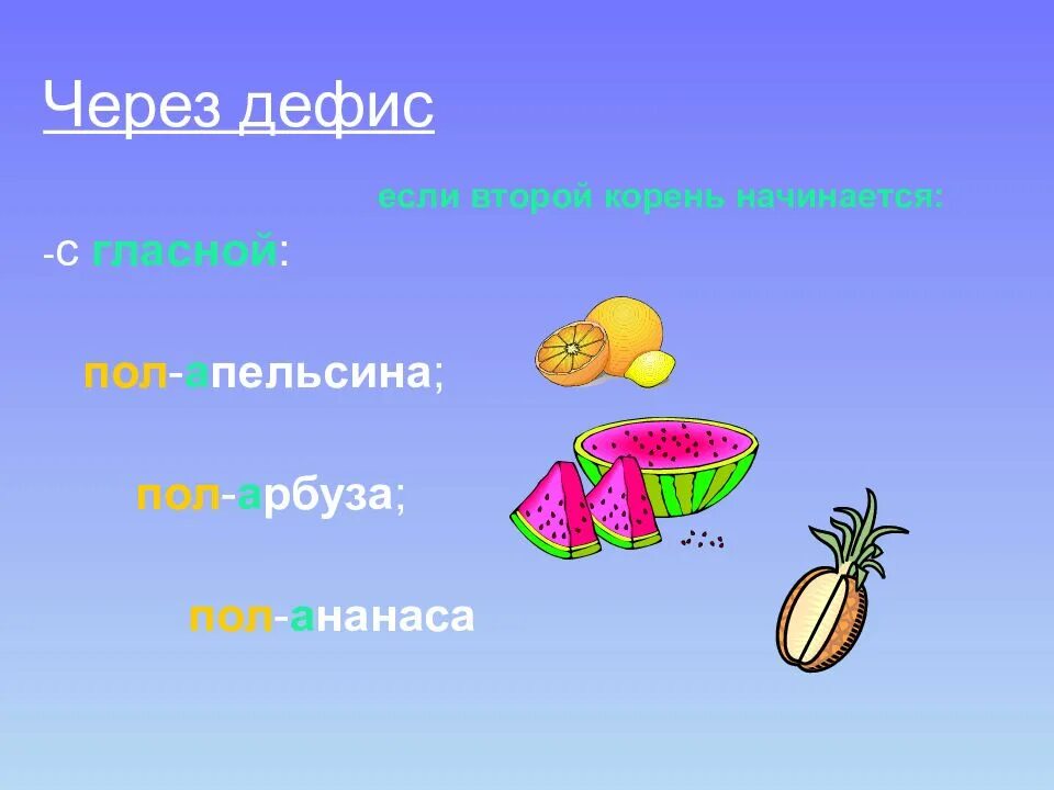 6 слов с полу. Пол ананаса через дефис. Как писать пол апельсина. Написание пол со словами. Как пишется слово пол апельсина.