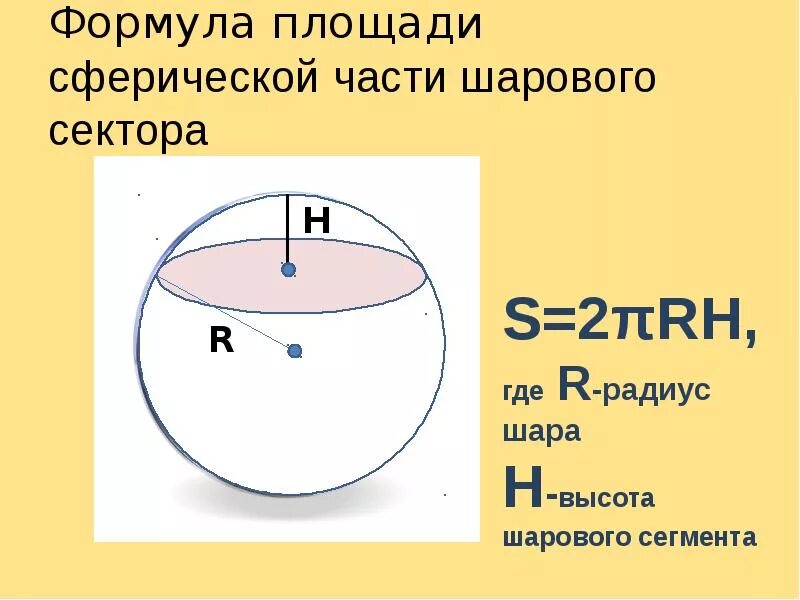 Шаровой сектор формула. Площадь полусферы формула. Площадь поверхности полусферы формула. Площадь сферической поверхности шарового сегмента. Площадь поверхности сферического сектора.