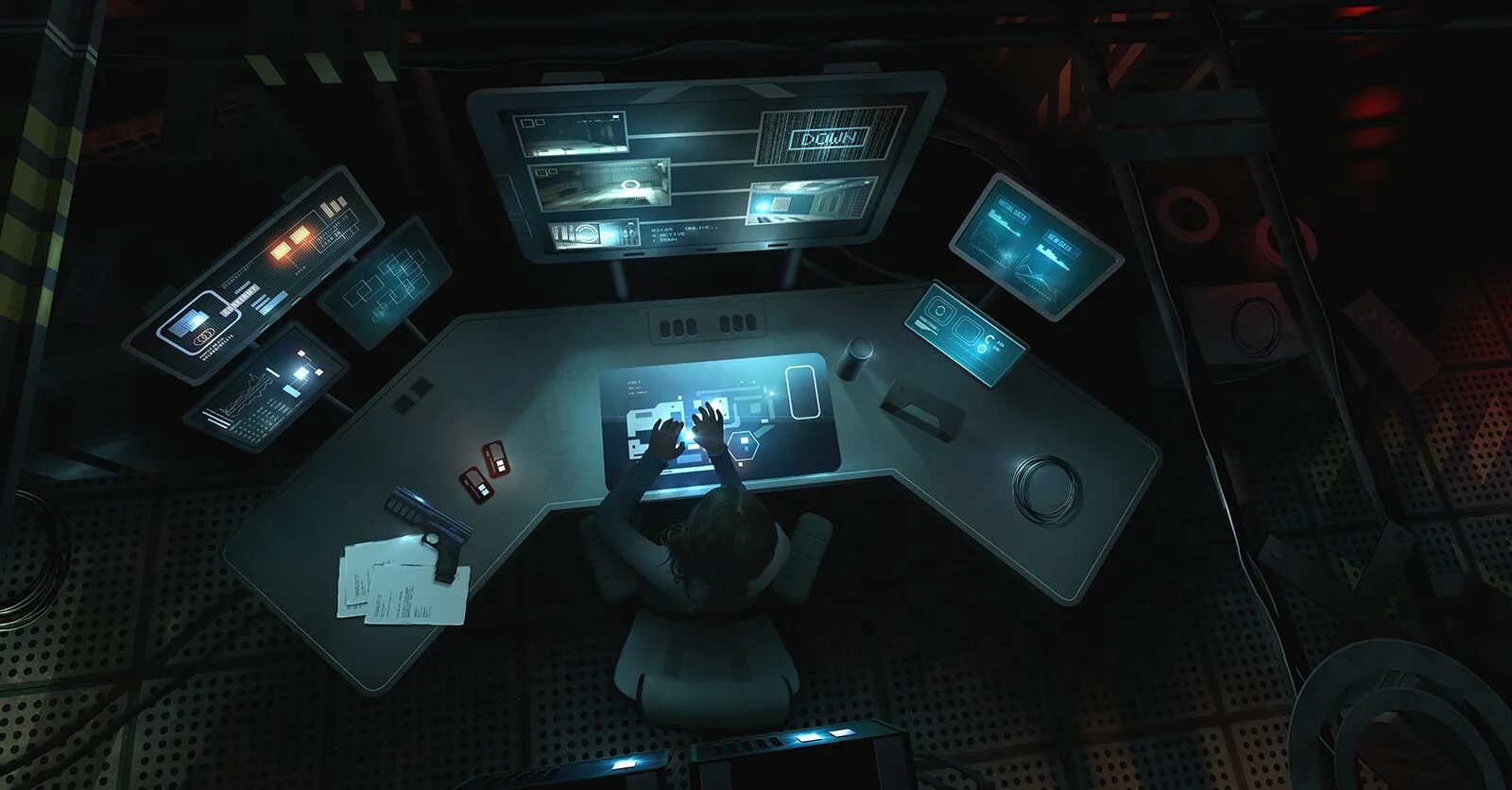 Sci fi игры. Компьютерный стол киберпанк. Рабочее место в стиле киберпанк. Компьютерный стол в стиле киберпанк. Компьютерное место в стиле киберпанк.