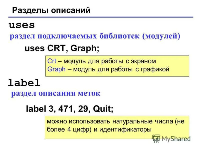 Алфавит pascal. Раздел описания меток Паскаль. Uses в Паскале. Модуль CRT В Паскале. Раздел подключаемых модулей в Паскале.