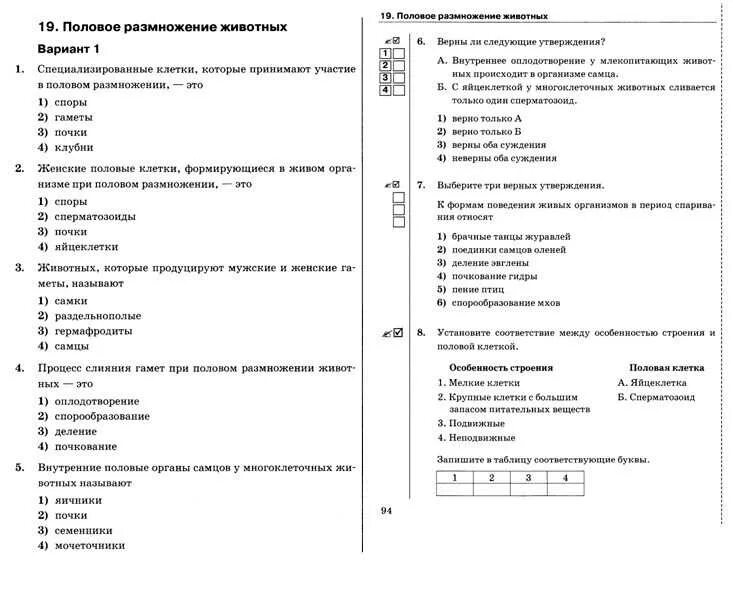 Тест по биологии размножение человека