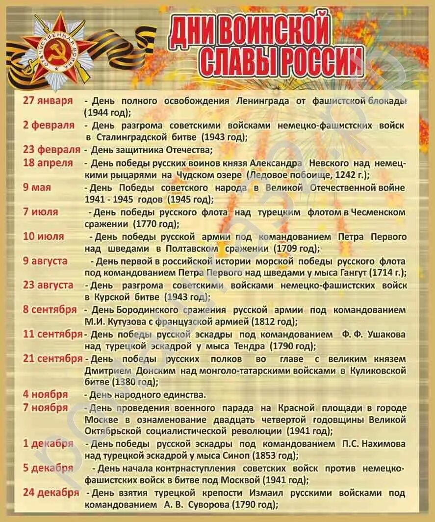 Праздники дни воинской славы