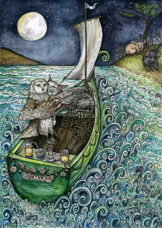 The owl and the pussycat. The Owl and the Pussycat иллюстрации. Совенок и кошечка Стравинский. Сова на море.