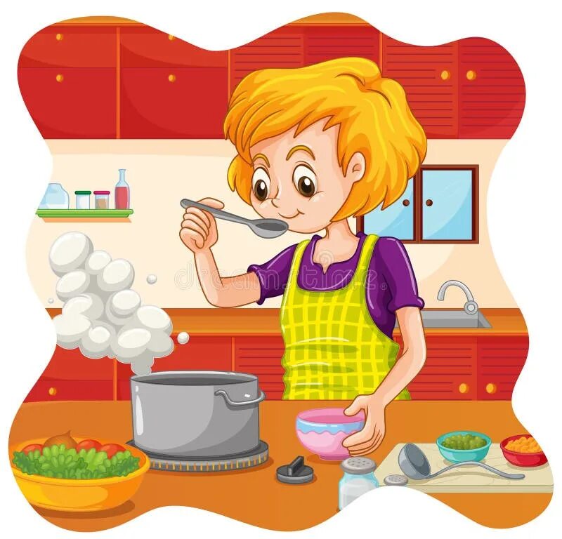 Is mummy in the kitchen ответ. Мать стряпает Рисованные для детей. Картина мама готовит обед. Мама готовит обед иллюстрации. Изображение мамы готовящей обед для детей.