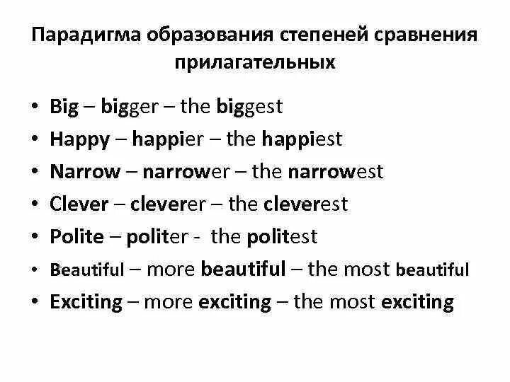 Сравнительные степени прилагательных в английском happy. Образуйте степени сравнения прилагательных narrow. Сравнительная степень в английском narrow.