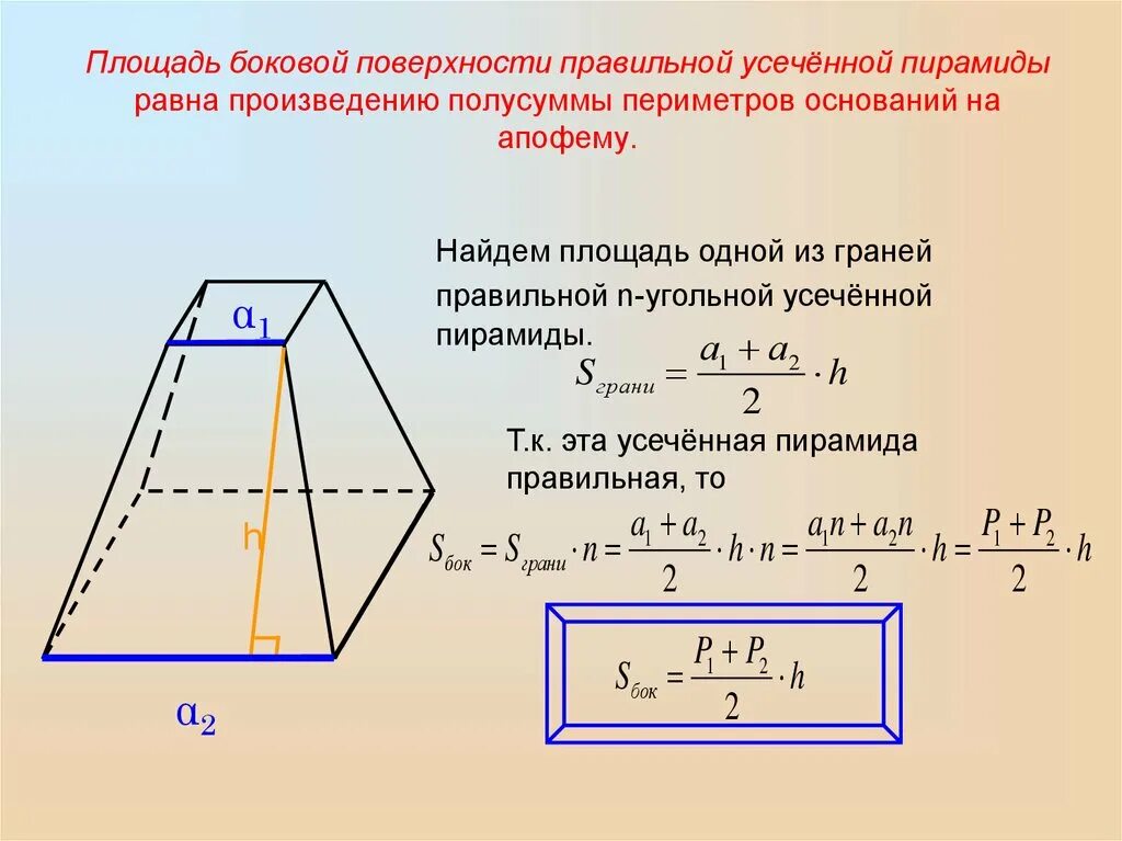 Как найти высоту правильной усеченной пирамиды. Площадь полной поверхности усеченной пирамиды формула. Площадь основания усеченной пирамиды. Площадь поверхности усеч пирамиды. Площадь поверхности усеченной пирамиды формула.