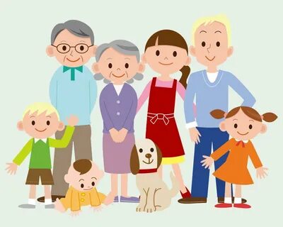 Cartoon family illustration. Parents with children, grandparents and dog. 222337