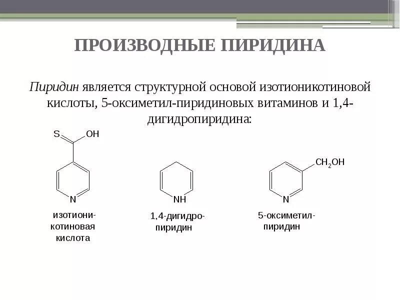 Производные пиридина и дигидропиридина никотиновая кислота. Производные изоникотиновой кислоты. Метильные производные пиридина. Производные дигидропиридина.
