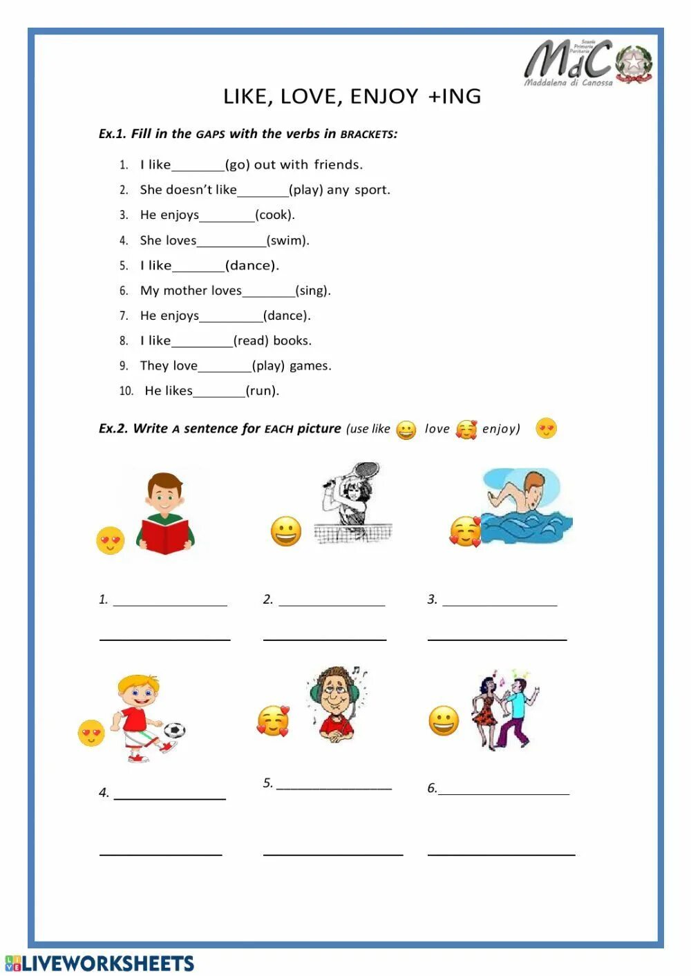 I like enjoy playing with my. Задание i like. задания like + ing. like likes задания. like verb ing упражнения.