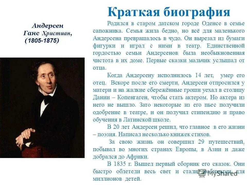 Автобиография Ханса Христиана Андерсена. Сведения о Гансе христиане Андерсене кратко. Самая краткая биография андерсена