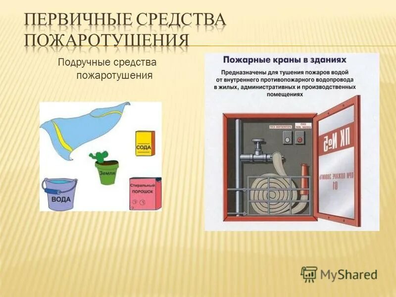 Первичные средства пожаротушения. Пожарный кран это первичное средство пожаротушения. Что относится к подручным средствам пожаротушения. Подручные средства пожаротушения. Штатные и подручные средства для пожаротушения.