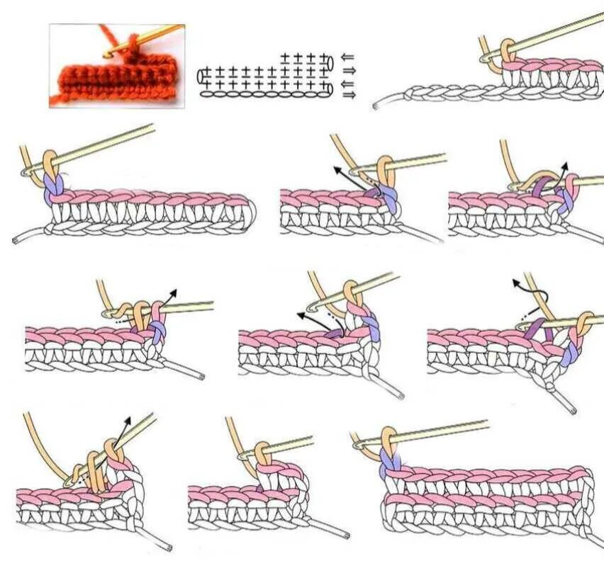 Резинка крючком соединительными столбиками. Вязание крючком резинка схема. Вязание крючком для начинающих пошагово столбик. Вязание крючком столбик без накида схема для начинающих пошагово. Ровный край крючком