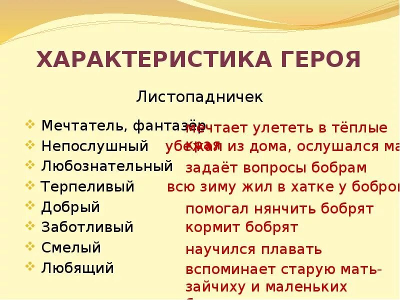 Характер героя читать. Листопадничек характеристика героя. Характеристика главных героев. Характеристика героев рассказа Листопадничек. Характеристика Листопадничка 3.