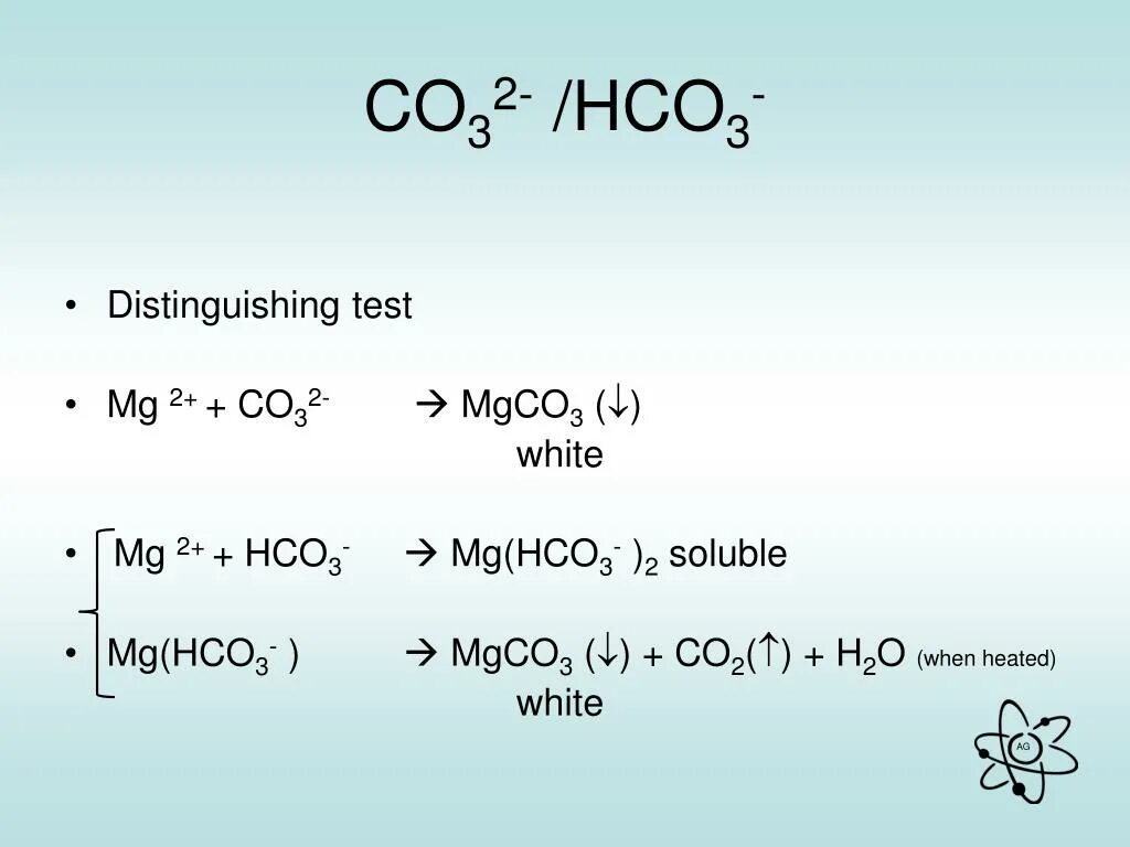 MG 2+ + co3 2- MG co3. MG  mgco3MG(hco3)2 mgco3 MGO. Mgco3 MG hco3 2. Mg2+ co32-. Two co