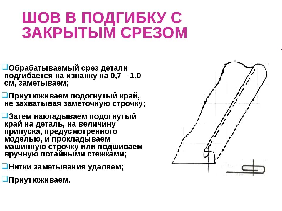 Обрабатываемый края шов. Схема шва вподгибку с закрытым срезом. Шов в подгибку с открытым срезом схема. Схема шва вподгибку с открытым срезом. Обработка шва в подгибку с открытым срезом.