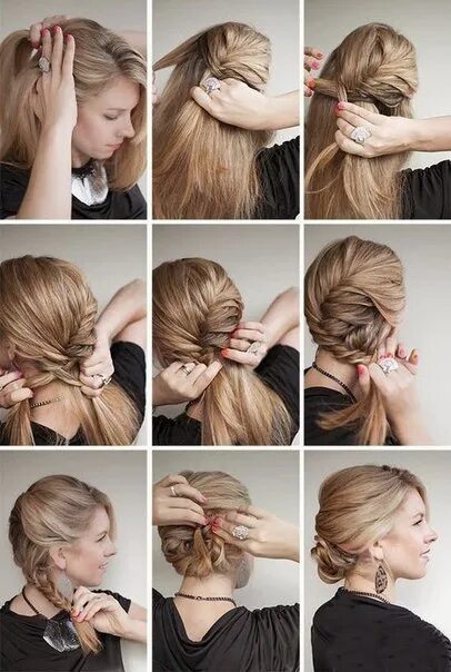 Acconciature semplici, donna con capelli biondi, tutorial treccia. Acconciature 