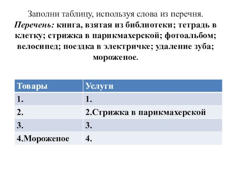 Заполни таблицу используя слова из перечня. Заполни таблицу словами из текста. Заполнить таблицу товары и услуги. Заполни таблицу товары и услуги. Заполните таблицу используя следующие слова