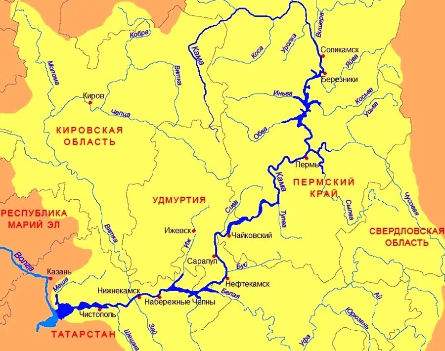 Как будет река на русском. Кама Исток и Устье реки на карте. Река Кама на карте России Исток и Устье. Река Кама на карте Пермского края. Притоки реки Кама в Пермском крае.