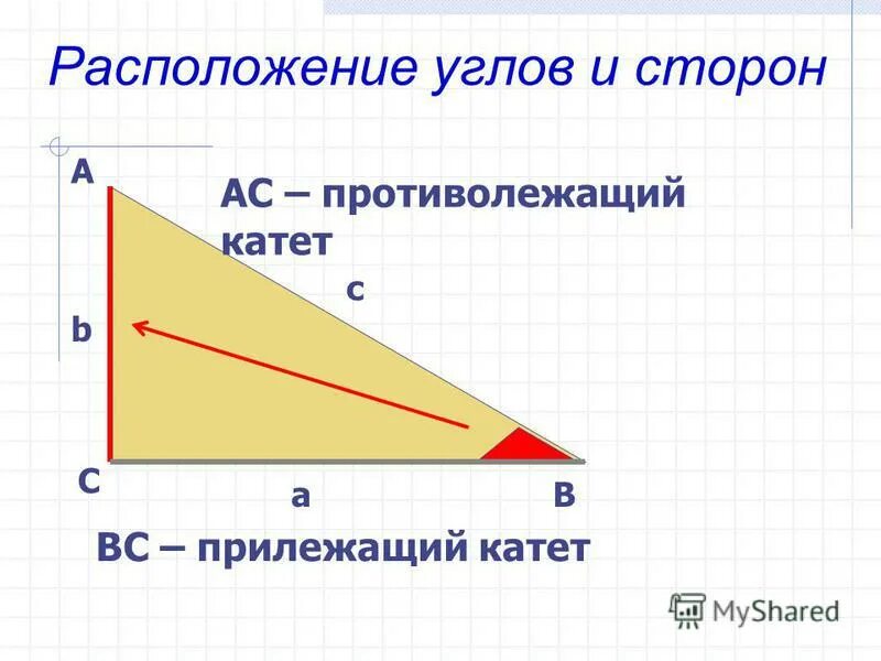 Найти катет через синус угла