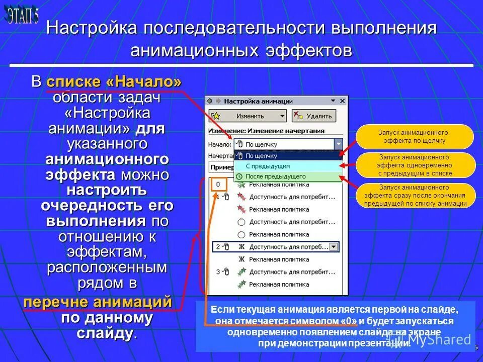 Настройка эффектов анимации