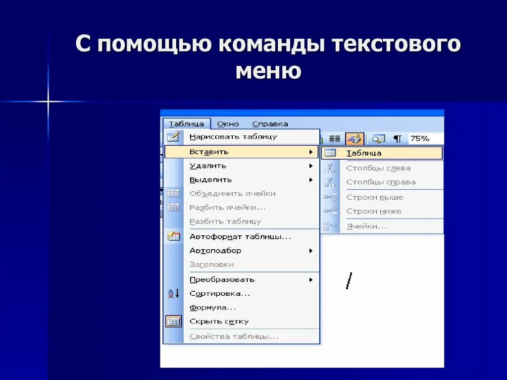 Команды меню изменение. Таблицы можно создать с помощью команды:. Меню Word таблица позволяет:. Командное меню. Способы создания таблиц в Word.