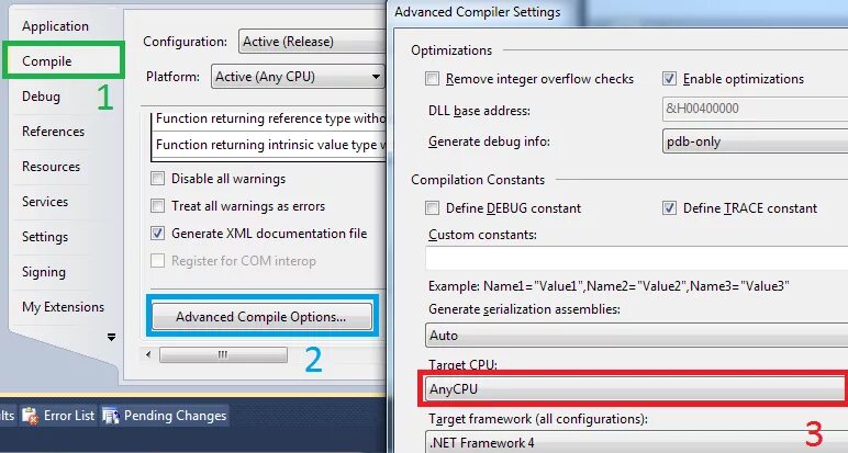 Compile options. Advanced Compiler settings Visual Studio. Visual Studio list checkbox.
