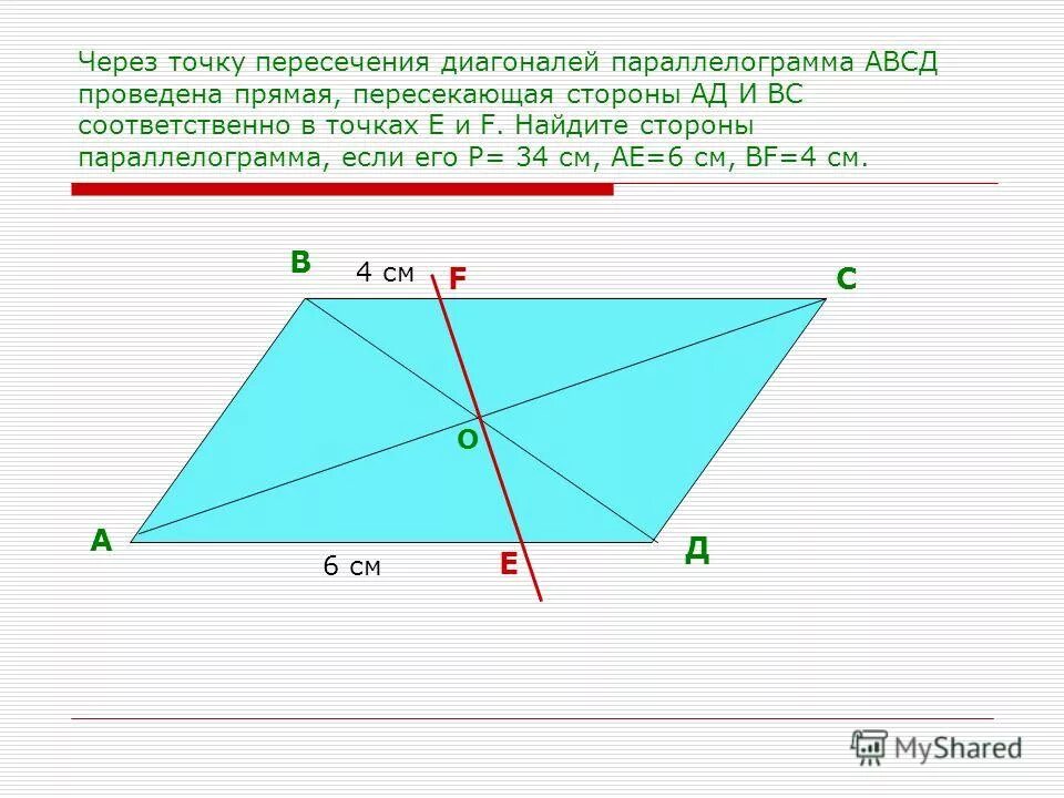 В параллелограмме авсд ав сд. Параллелограмм АВСД. Через точку пересечения диагоналей. Точка пересечения диагоналей параллелограмма. Пересечение диагоналей параллелограмма.