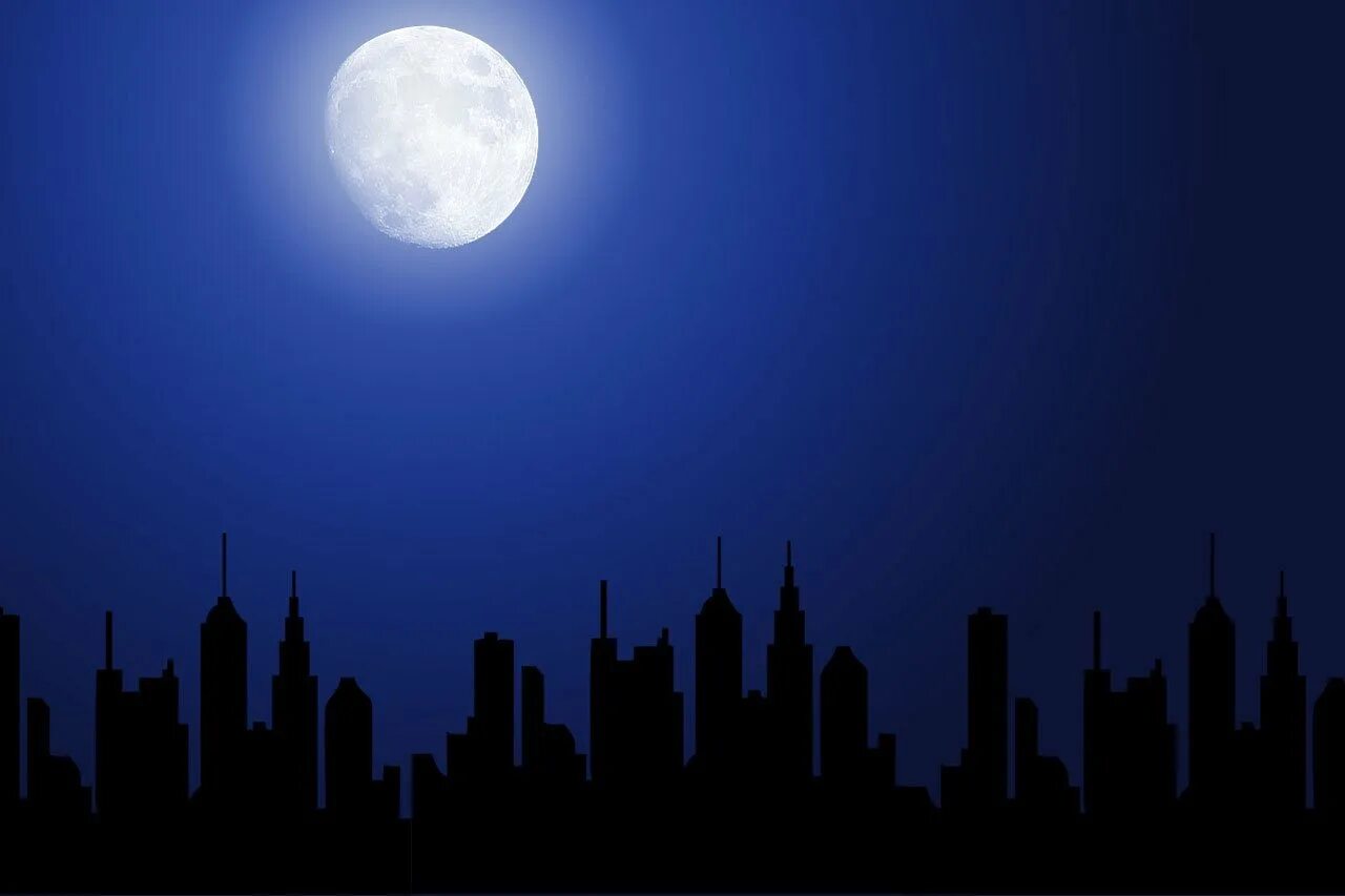Ночь над городом. Ночное небо в городе. Город на Луне. Лунная ночь в городе.