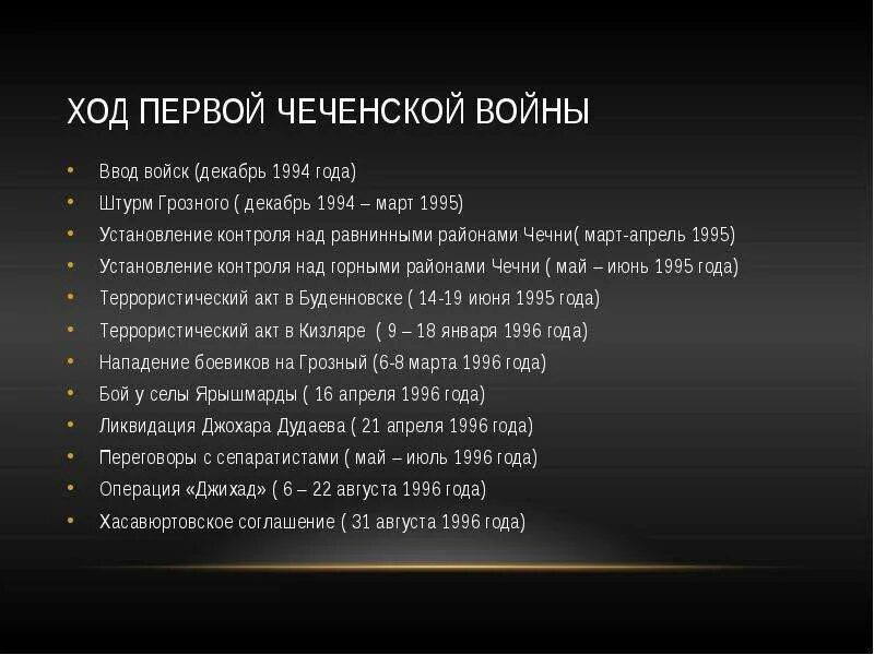 События 1.3. Ход событий 1 Чеченской войны. Итоги 1 Чеченской войны. Ход 1 Чеченской войны.