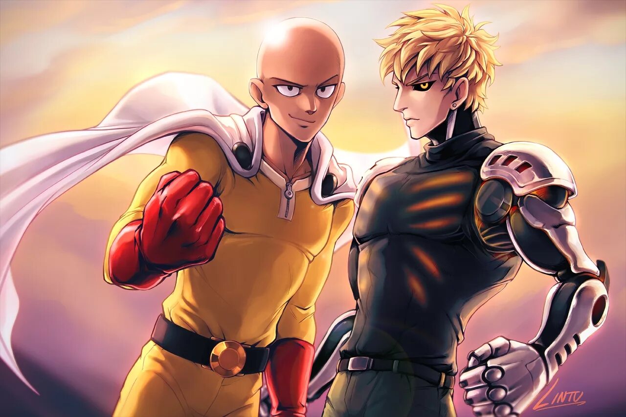 Сайтама уровень. Сайтама и Генос. Сайтама и Генос арт. One Punch man Генос.