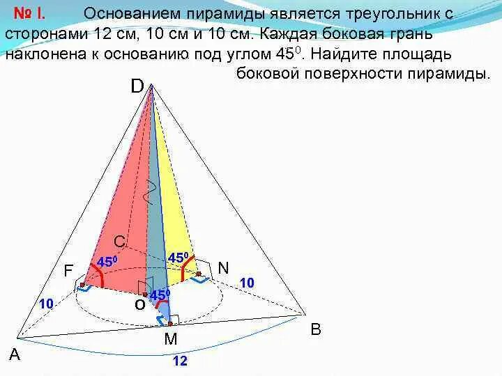 Что является основанием пирамиды. Боковые грани наклонены под углом. В треугольной пирамиде боковая грань наклонена к основанию под углом. Боковые грани пирамиды наклонены к основанию под углом 45.