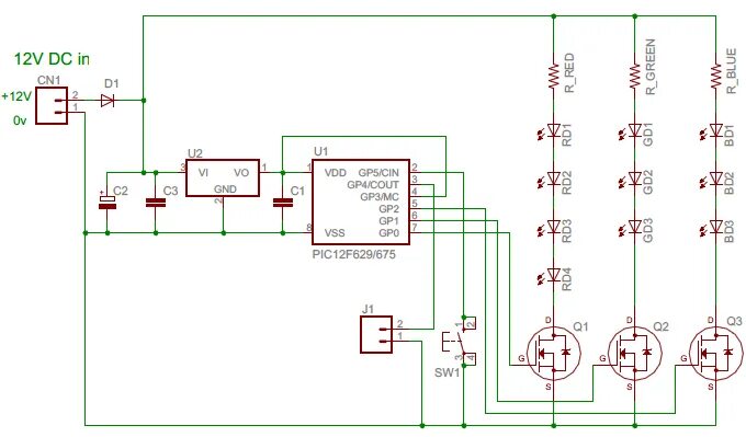 5 12 f. Контроллер для светодиодов на pic12f629. RGB контроллер схема принципиальная. RGB усилитель принципиальная схема. Схемы управления RGB светодиодами на контроллерах.