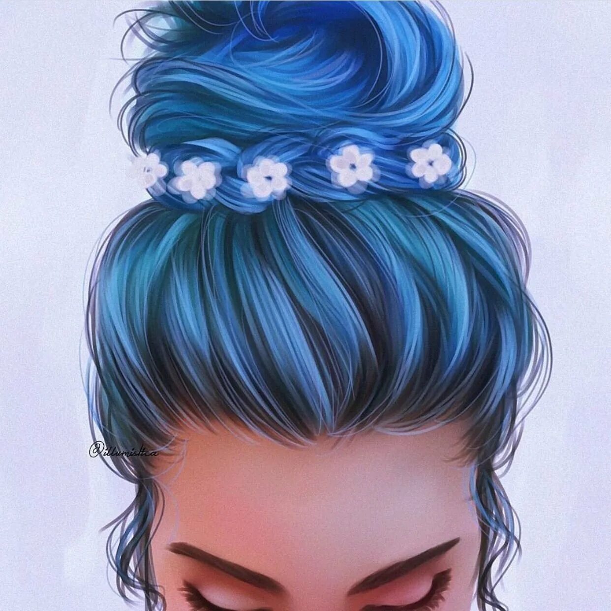 Аватарки цветные. Волосы арты. Нарисованная девушка с пучком. Рисунки девушек в стиле арт. Девушка с синими волосами.