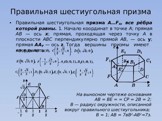 Правильная шестиугольная Призма. Координаты шестиугольной Призмы. Координаты правильной шестиугольной Призмы. Координаты вершин шестиугольной Призмы.