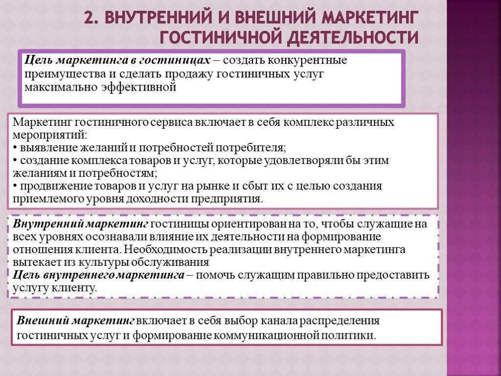 Особенности реализации направления. Маркетинговый анализ деятельности предприятия в гостинице. Цель внутреннего маркетинга гостиницы. Сущность маркетинговой деятельности в гостиничном бизнесе. Маркетинг в гостиничной деятельности.