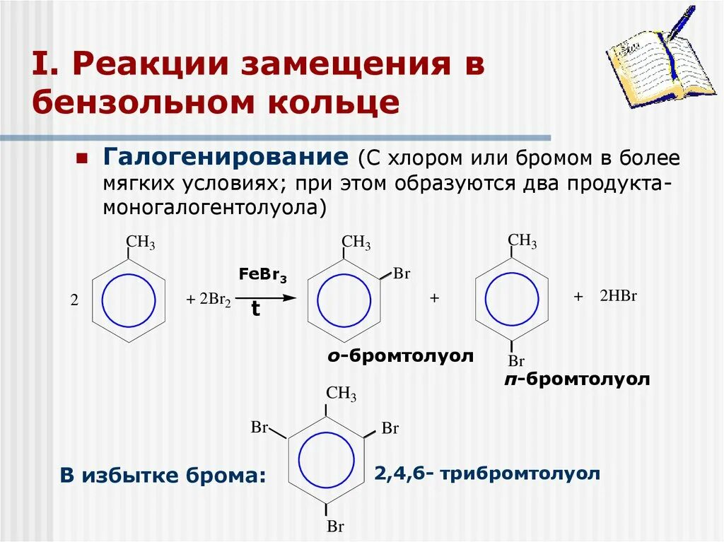 Бром на свету реакция. Реакция галогенирования толуола в бензольное кольцо:. Бензольное кольцо химические реакции. Бензол и гомологи бензола химические свойства. Химические свойства бензола реакция замещения.