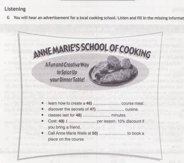 8 Класс аудирование 2 четверть спотлайт. Learn how to create a course meal. Anne Marie School of Cooking ответы. Listening 3 класс контрольная работа. You will hear 6